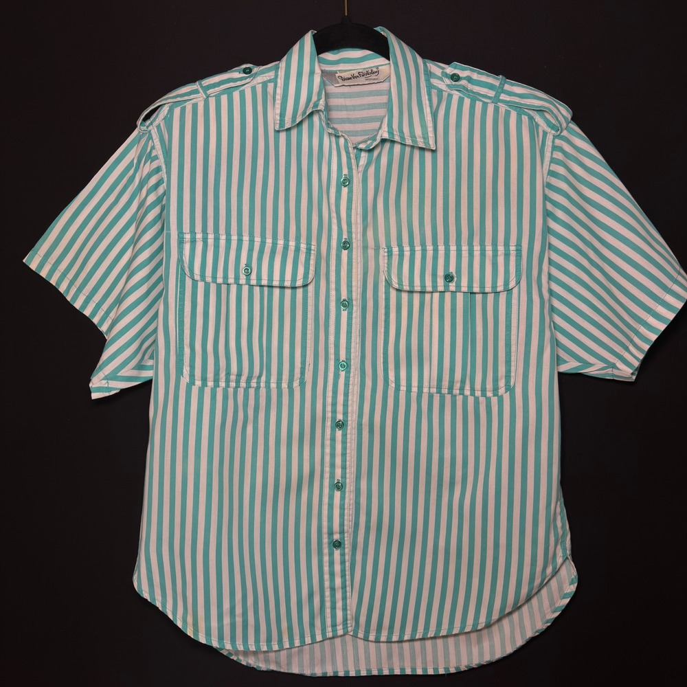 Vtg Diane Von Furstenberg Shirt Womens S Teal White Stripe Cotton Utility Safari